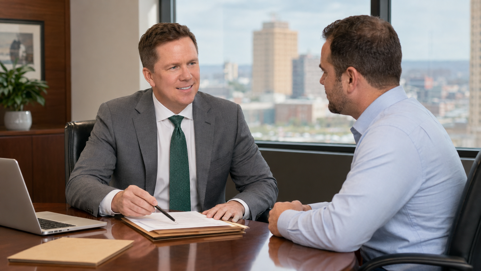 Youngstown personal injury attorney Gregory Gudin of Buckeye Law Group, wearing a grey suit and emerald tie, reviews claim documents with a client in a professional law office.