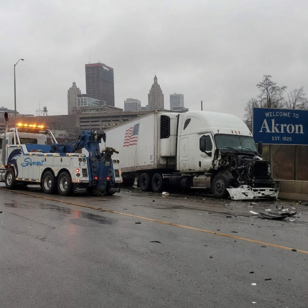 Illustration of a damaged semi-truck beside a tow truck near a Welcome to Akron sign, with downtown buildings in the background.