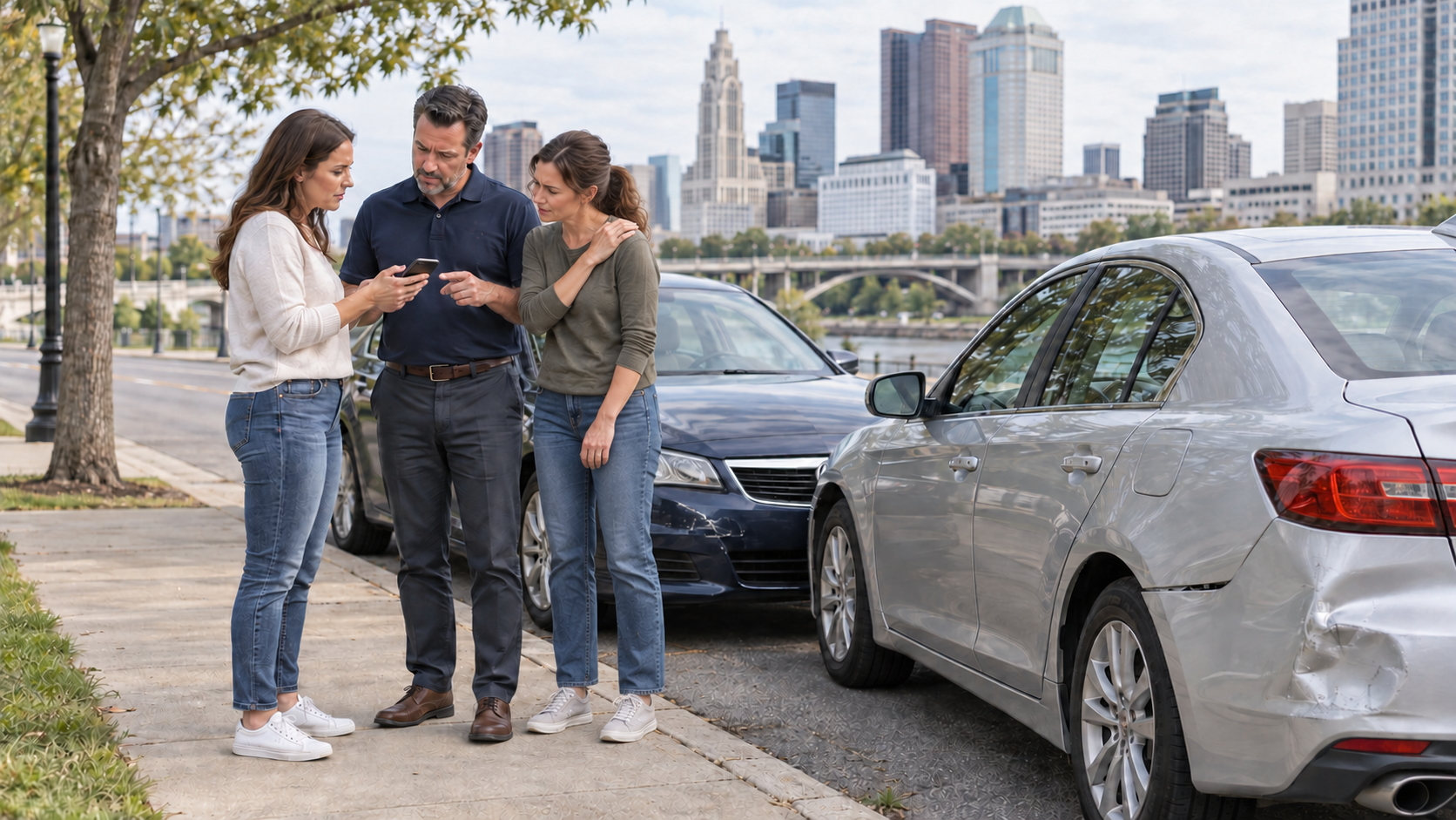 Passenger holding her shoulder beside two adults and damaged cars, with the Columbus, Ohio, skyline in the background.