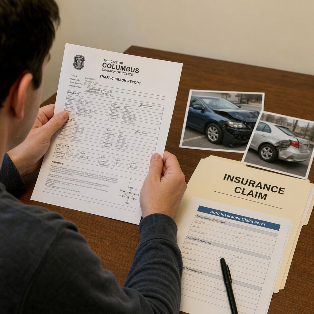 Person reviewing a Columbus police crash report beside photos of damaged vehicles and auto insurance claim paperwork.