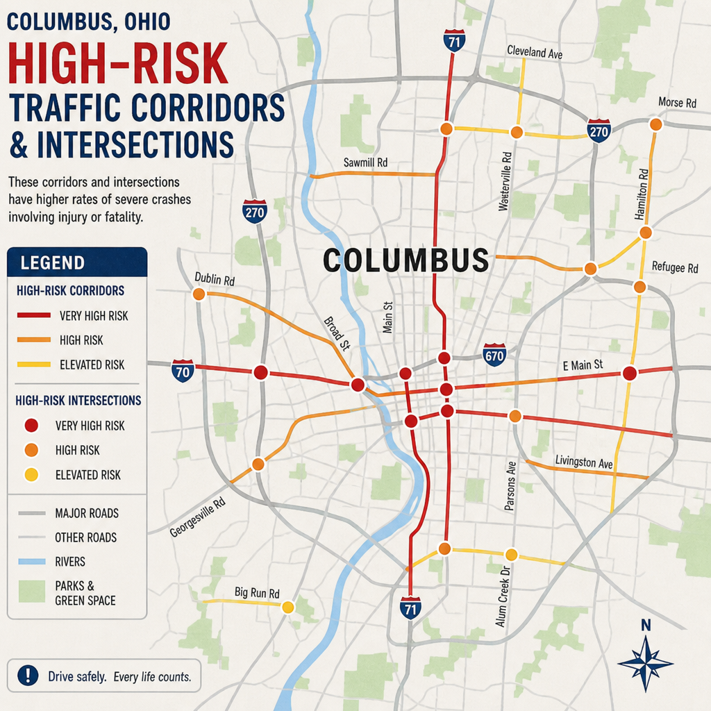 Map-style illustration of Columbus high-risk traffic corridors and intersections.