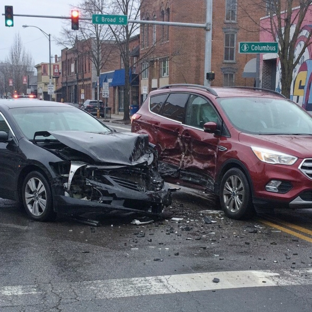 Black sedan with front-end damage beside a red SUV with side damage, illustrating a car accident in Columbus, Ohio.