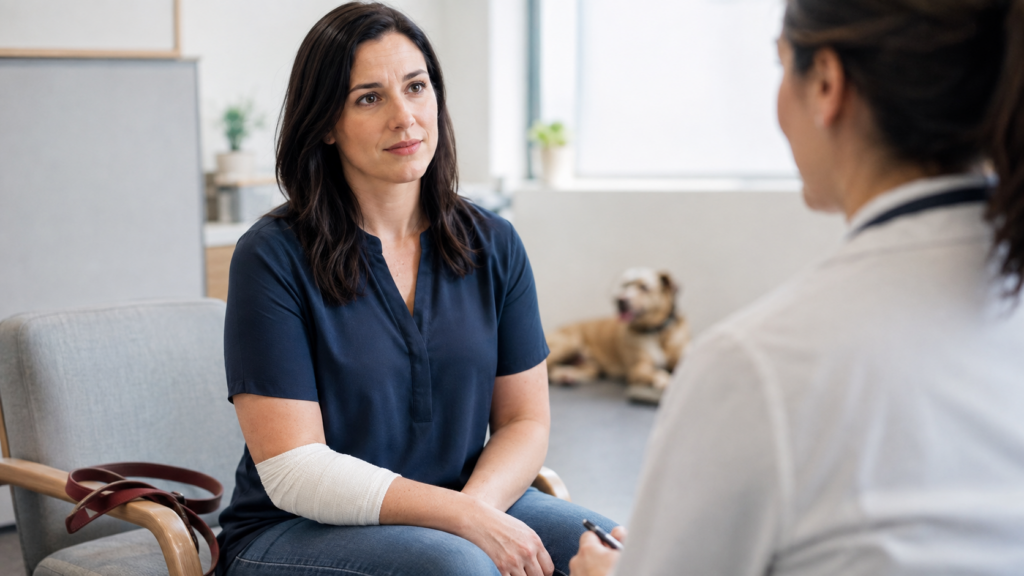 Columbus dog bite victim with a bandaged arm discussing treatment with a medical professional after an animal attack.