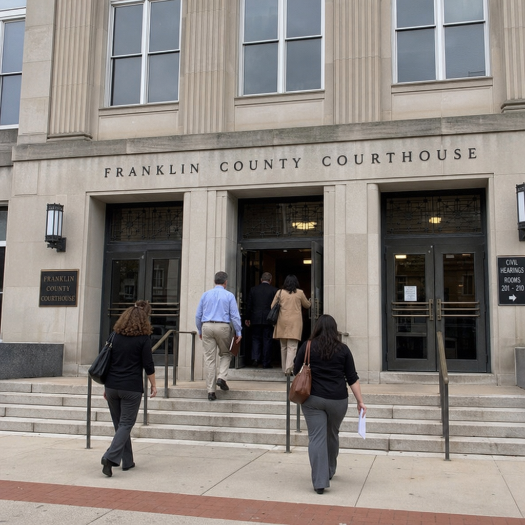 People walking up the steps toward the Franklin County Courthouse entrance, with courthouse signage above the doors in Columbus, OH.