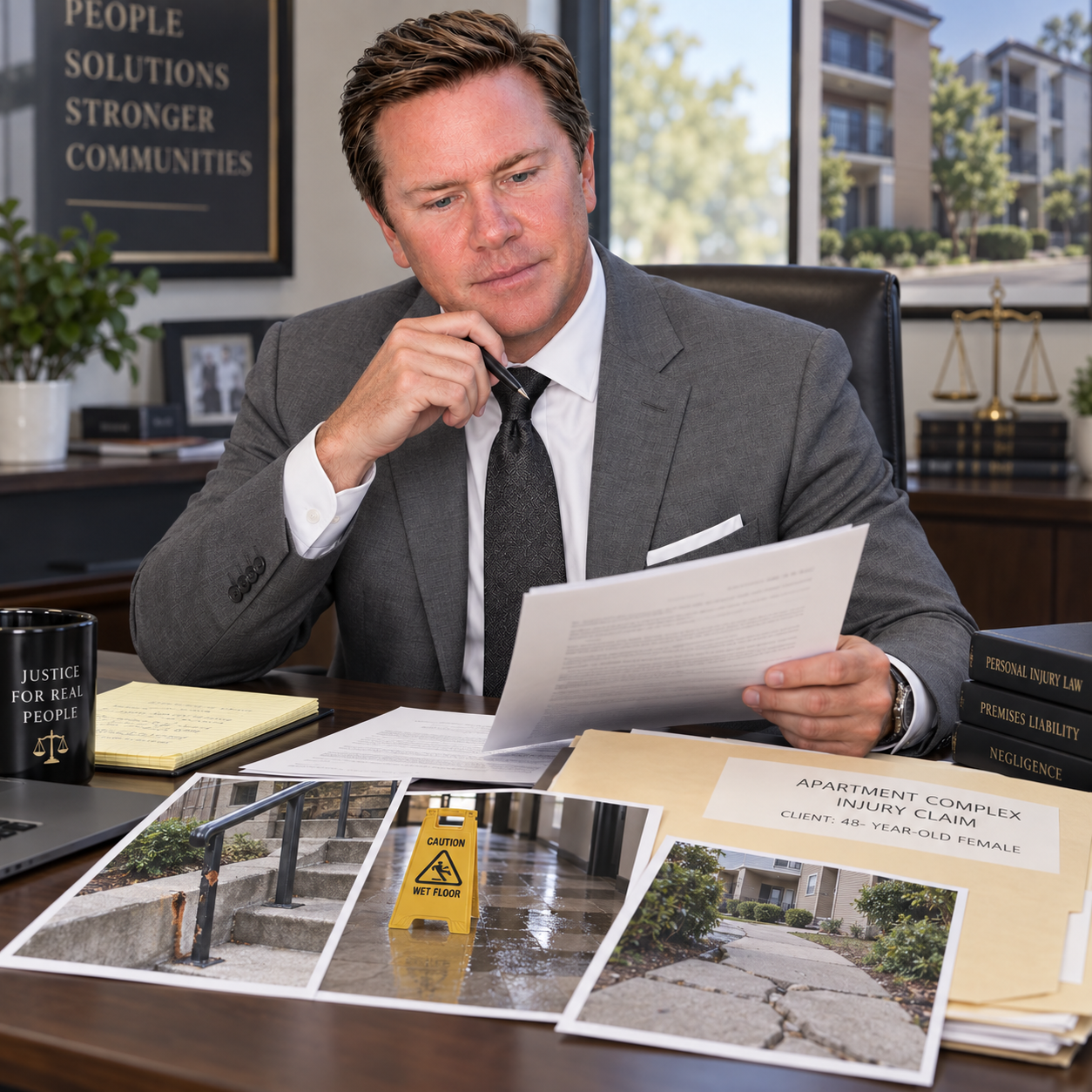 Buckeye Law Group personal injury attorney reviewing evidence from an apartment complex injury claim, including unsafe stairs, a wet floor, and a damaged walkway.