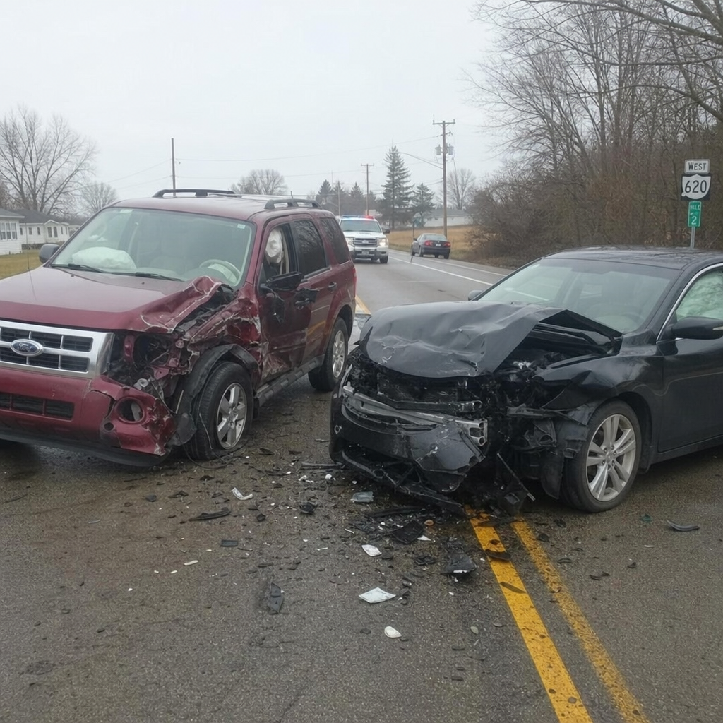 Red SUV and black sedan with extensive front-end damage after a collision in Columbus, OH, with debris on the road and an emergency vehicle nearby.