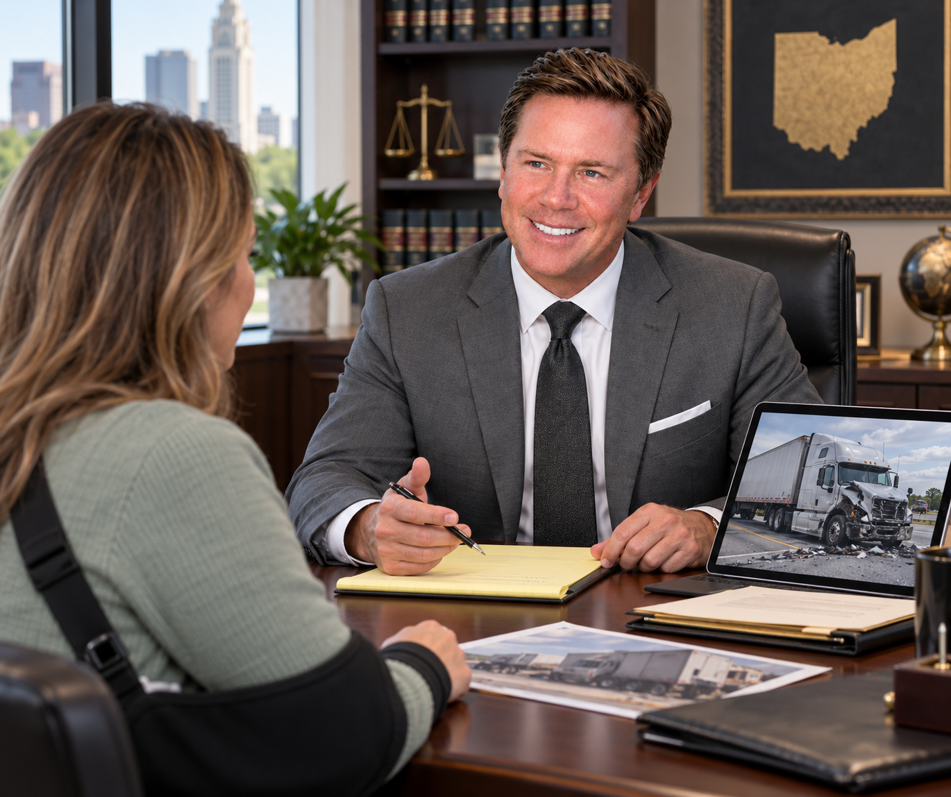 Ohio commercial truck accident attorney Gregory Gudin of Buckeye Law Group consulting with an injured client about her truck accident claim and legal options.