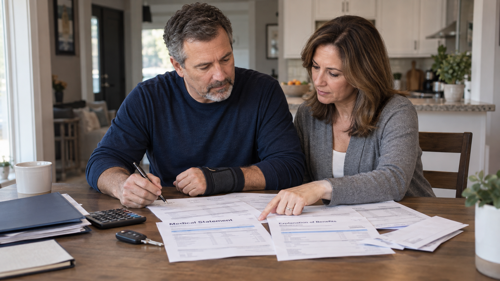 Couple reviewing medical bills and insurance paperwork after an Ohio car accident, with the man wearing a wrist brace.
