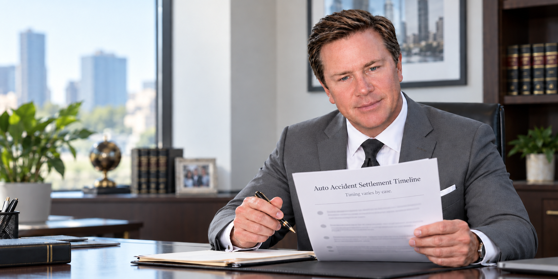 Attorney Gregory Gudin of Buckeye Law Group reviewing an auto accident settlement timeline for an Ohio injury claim.