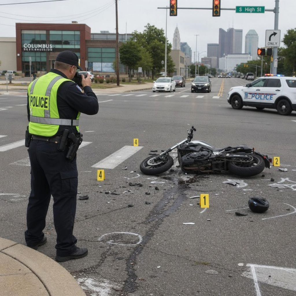 Motorcycle crash evidence being documented at a Columbus intersection by a police officer.