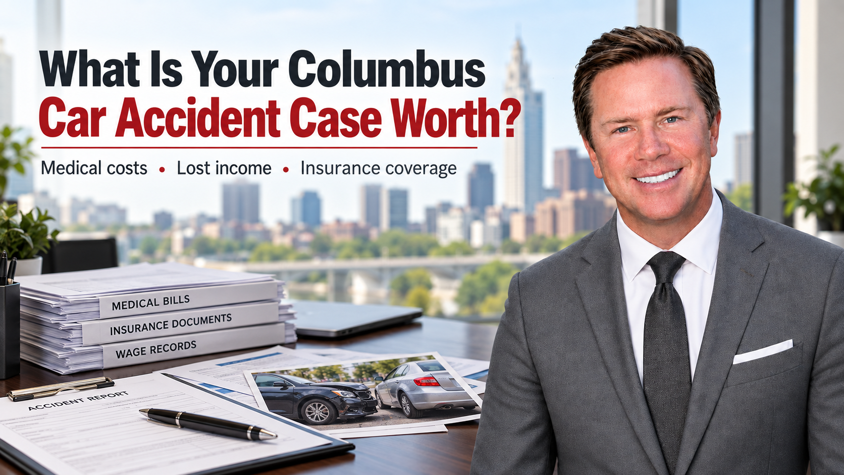 Buckeye Law Group attorney Gregory Gudin beside medical bills, wage records, and insurance documents illustrating Columbus car accident case valuation.