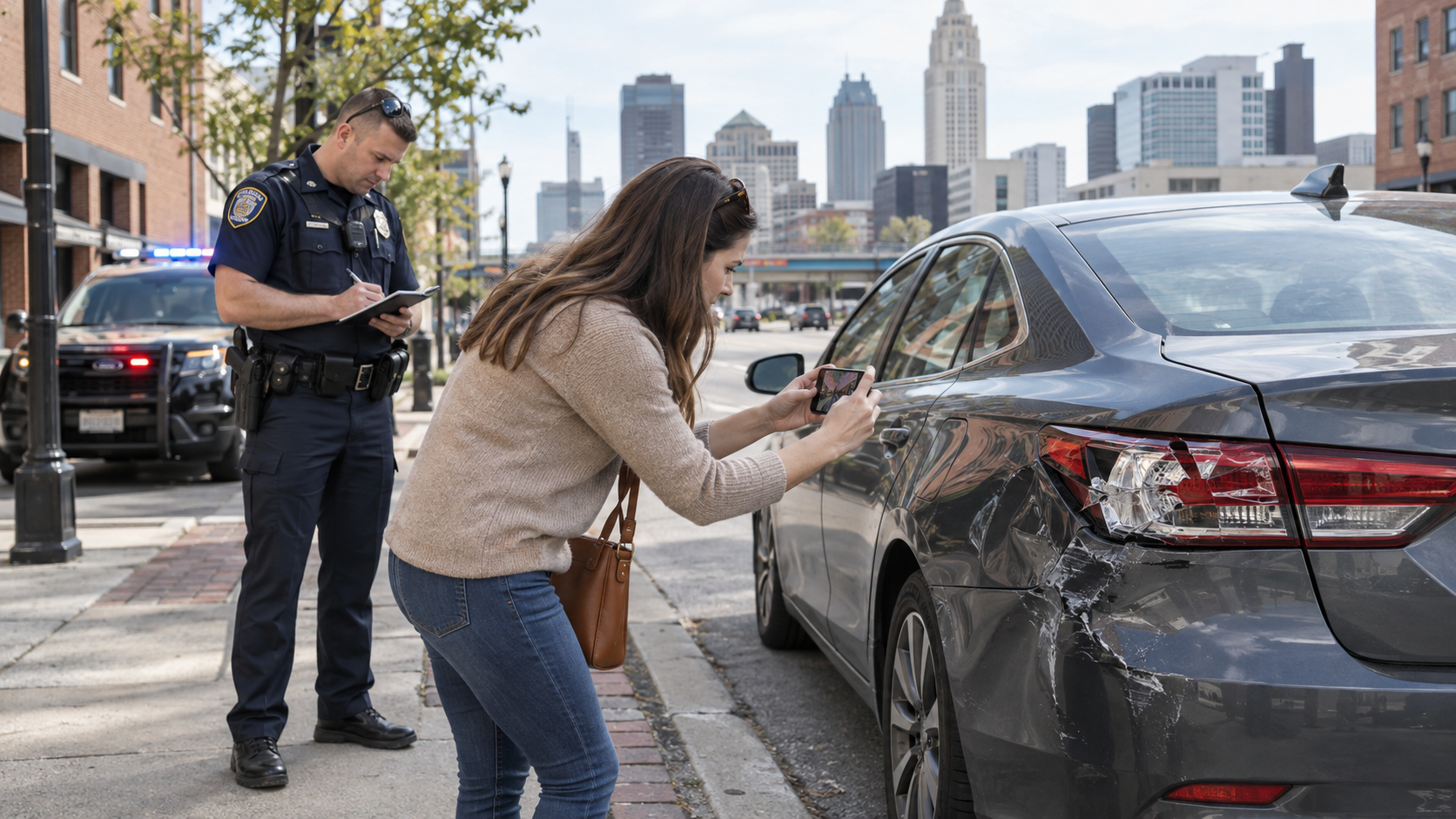 Woman photographs vehicle damage as a police officer takes notes in an illustrative Columbus, OH, hit-and-run accident scene.