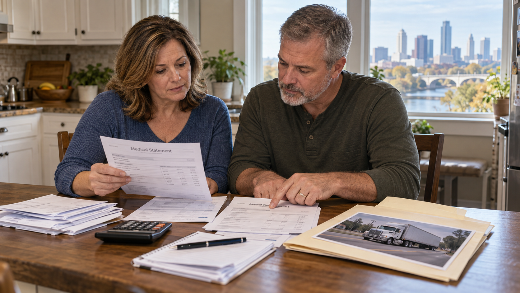 Couple reviewing truck accident medical bills at their kitchen table, with the Columbus, Ohio, skyline visible through the window.