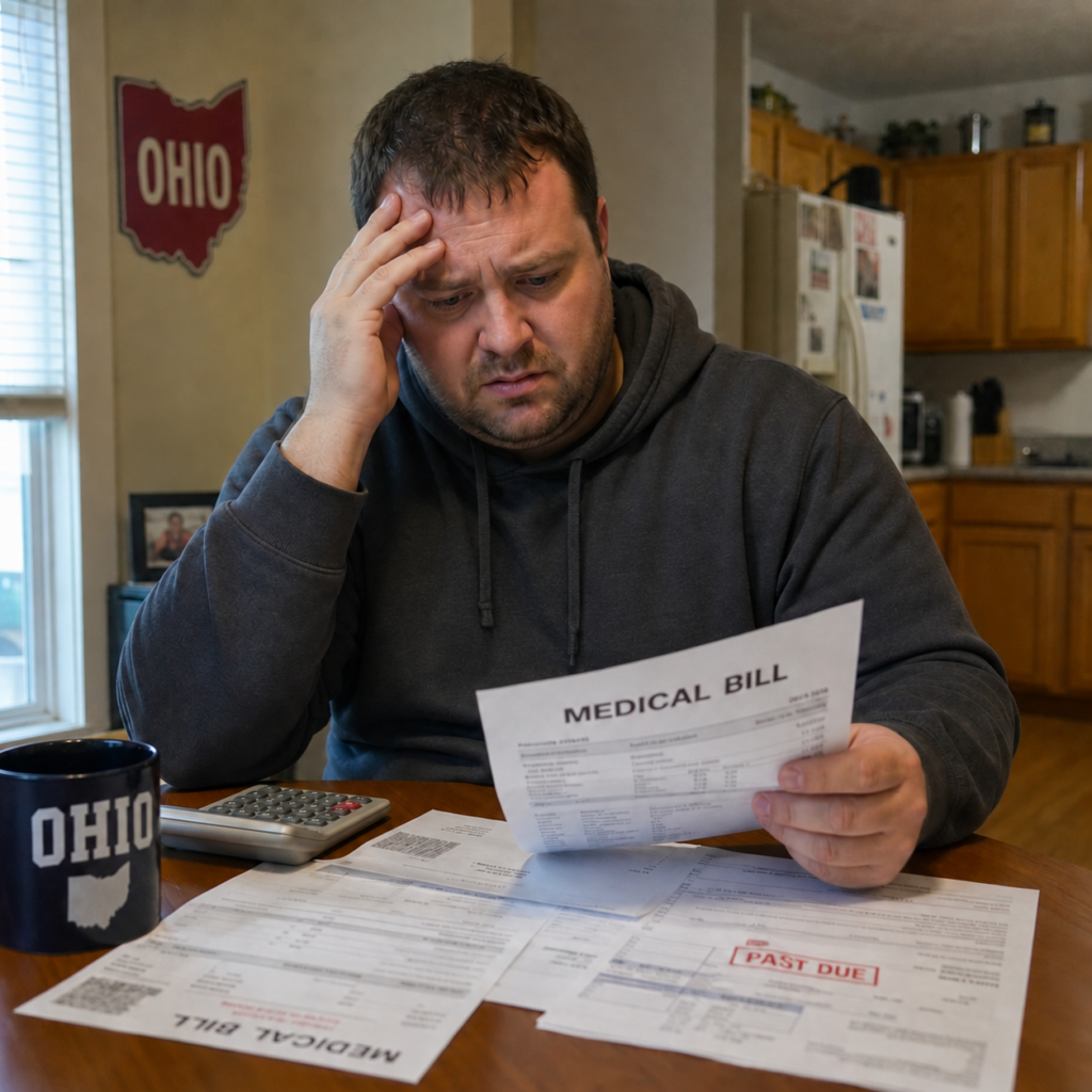 Ohio resident reviewing medical bills and past-due notices at his kitchen table.