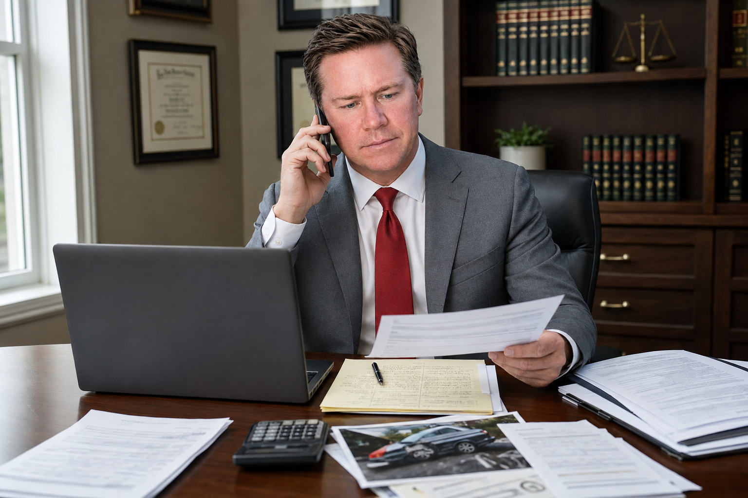 Buckeye Law Group Principal and Managing Attorney Gregory Gudin reviews an auto insurance settlement offer while speaking with an adjuster in his Ohio office.