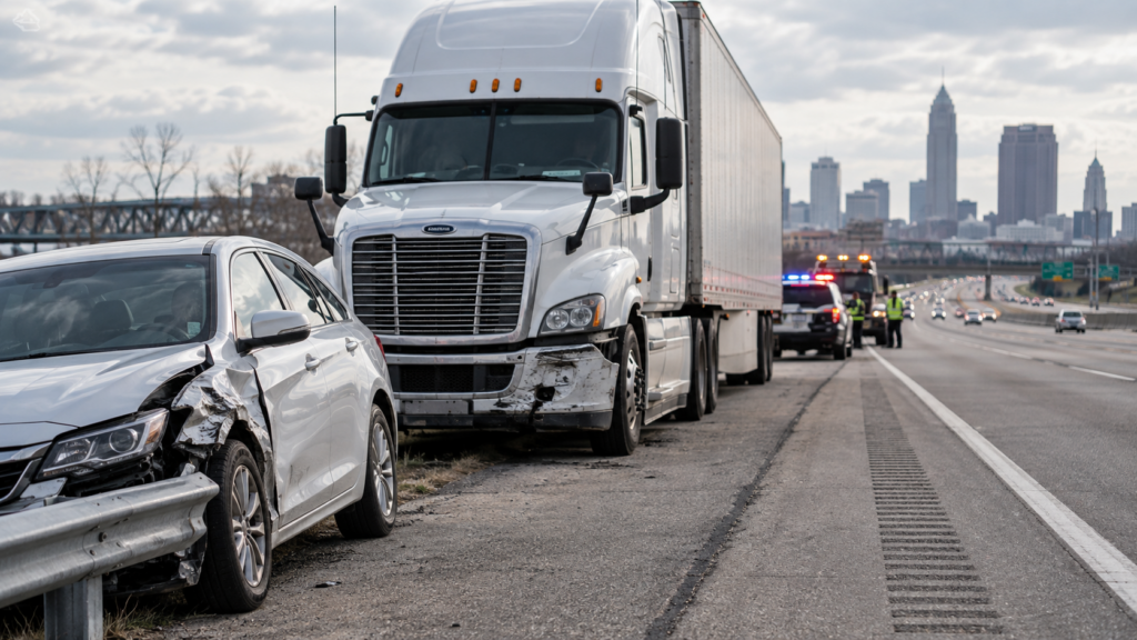 Commercial semi-truck and damaged passenger car on an Ohio highway shoulder with emergency responders at the accident scene.