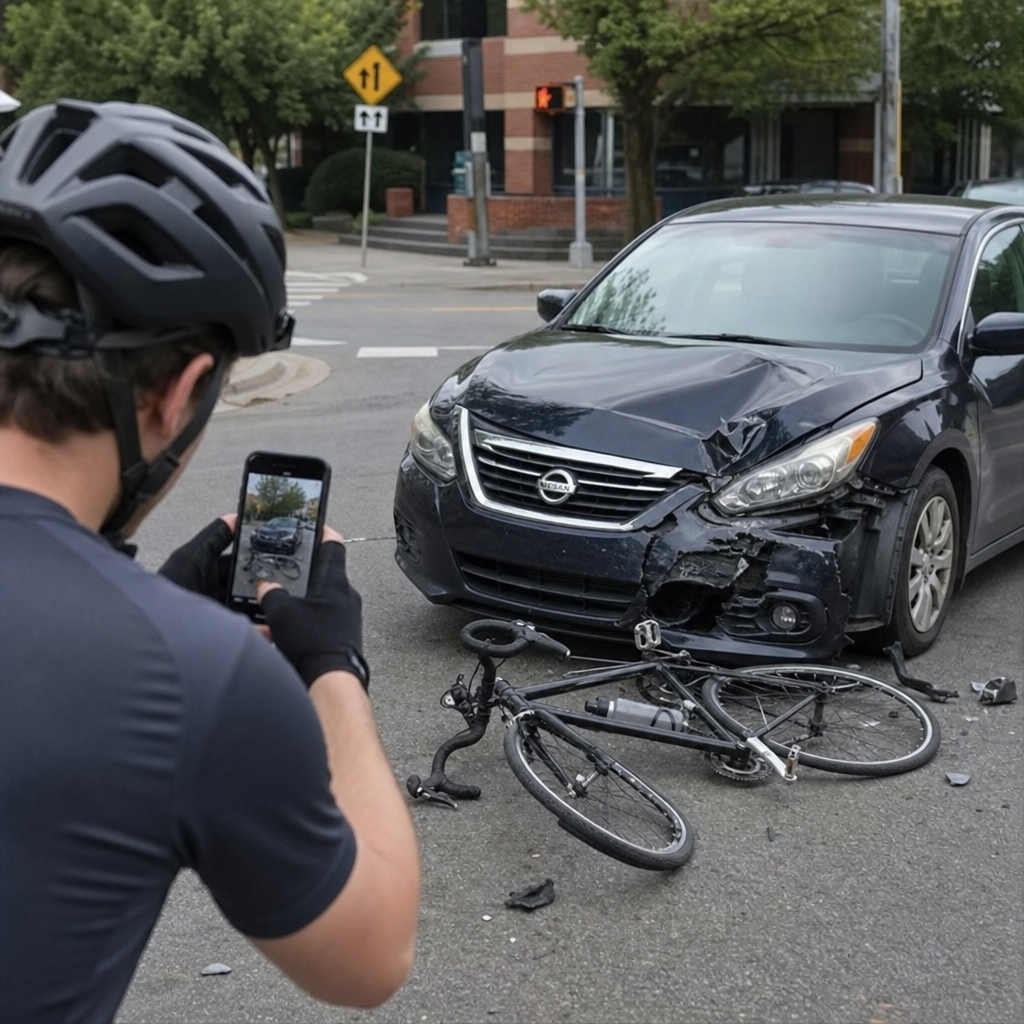 Cyclist photographs a damaged bicycle and car after a bicycle accident at a Columbus, Ohio intersection.
