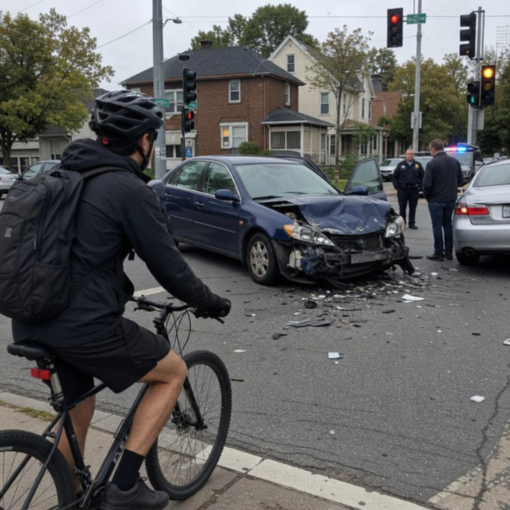 Cyclist at a Middletown, Ohio intersection after a car crash, with vehicle damage, roadway debris, and police at the scene.