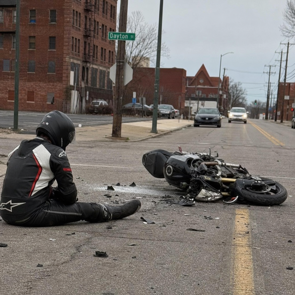 Motorcyclist wearing a helmet and protective gear sits on a Dayton, Ohio, roadway beside a damaged motorcycle following a traffic accident.