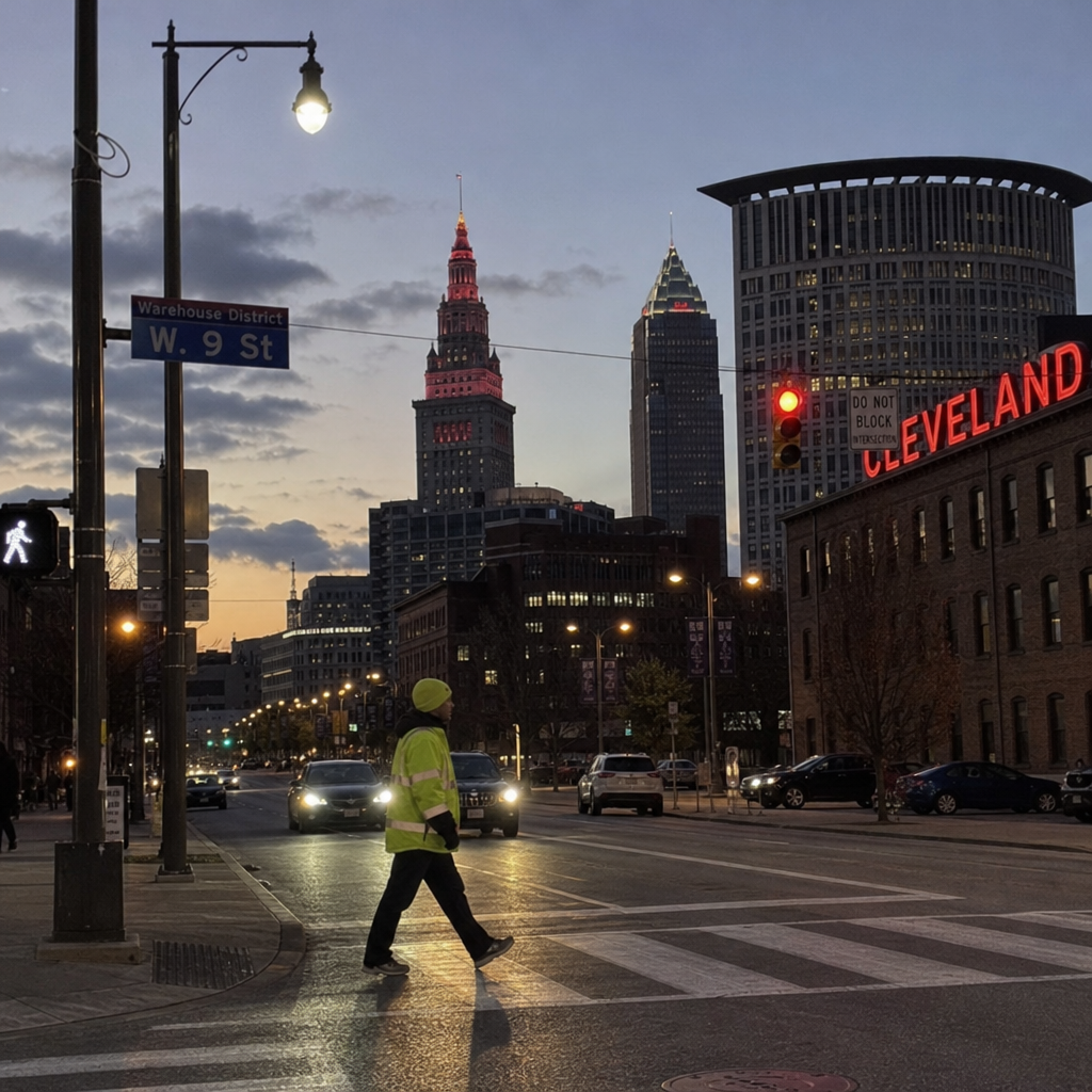 Pedestrian wearing reflective safety clothing crosses West 9th Street in downtown Cleveland, Ohio, at dusk as vehicles approach with headlights on, highlighting pedestrian visibility and traffic safety during earlier darkness after the 2026 daylight saving time change.