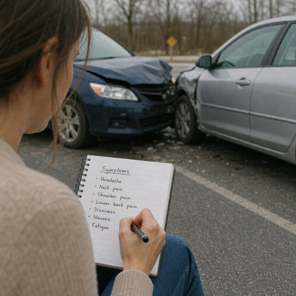 Woman documenting symptoms in a notebook beside two damaged vehicles, illustrating a Columbus, OH, car accident injury guide.