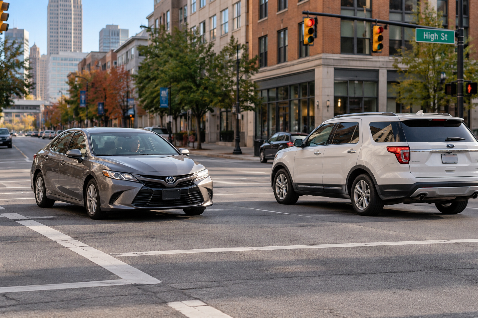 Grey Toyota sedan with a driver approaching a four-way intersection in downtown Columbus, Ohio, alongside a white SUV near traffic signals and crosswalks.