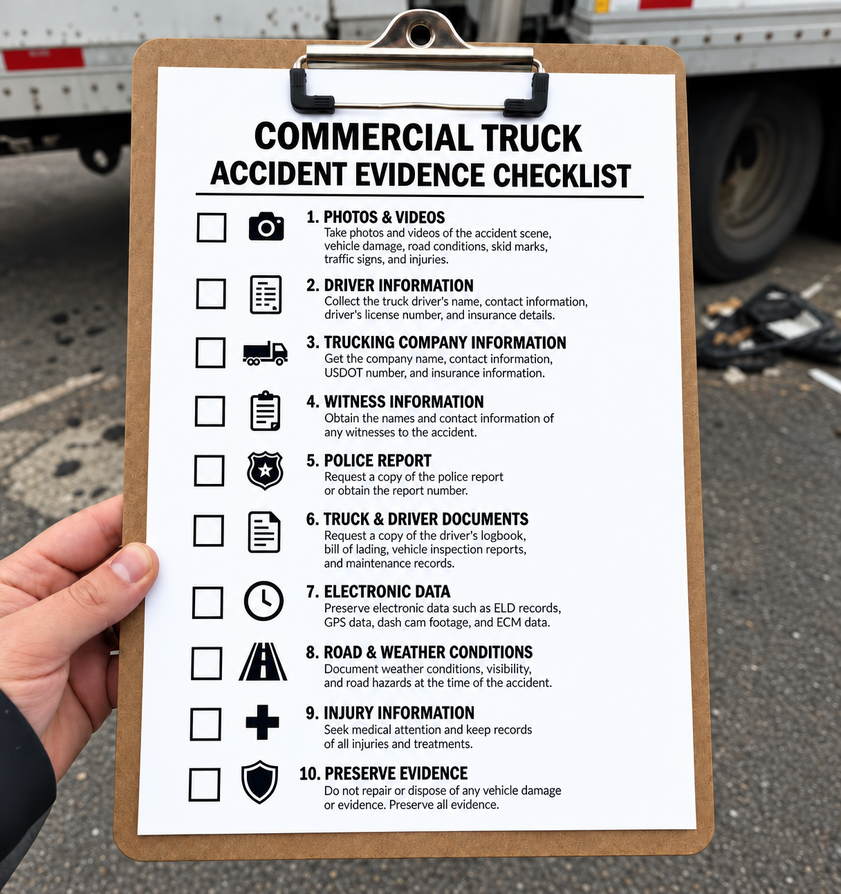 Commercial truck accident evidence checklist on a clipboard at a crash scene, outlining ten important steps for documenting evidence, including photographs, driver information, witness statements, police reports, electronic records, and injuries.