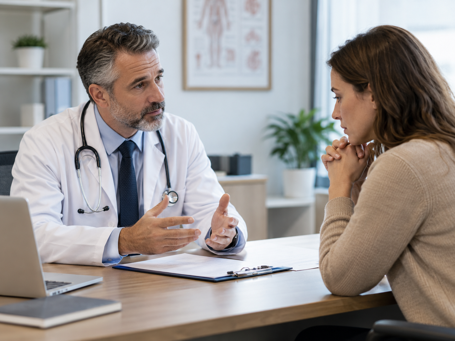 Doctor reviewing medical records with a patient during a consultation, illustrating medical negligence and malpractice concerns in Dayton, Ohio.