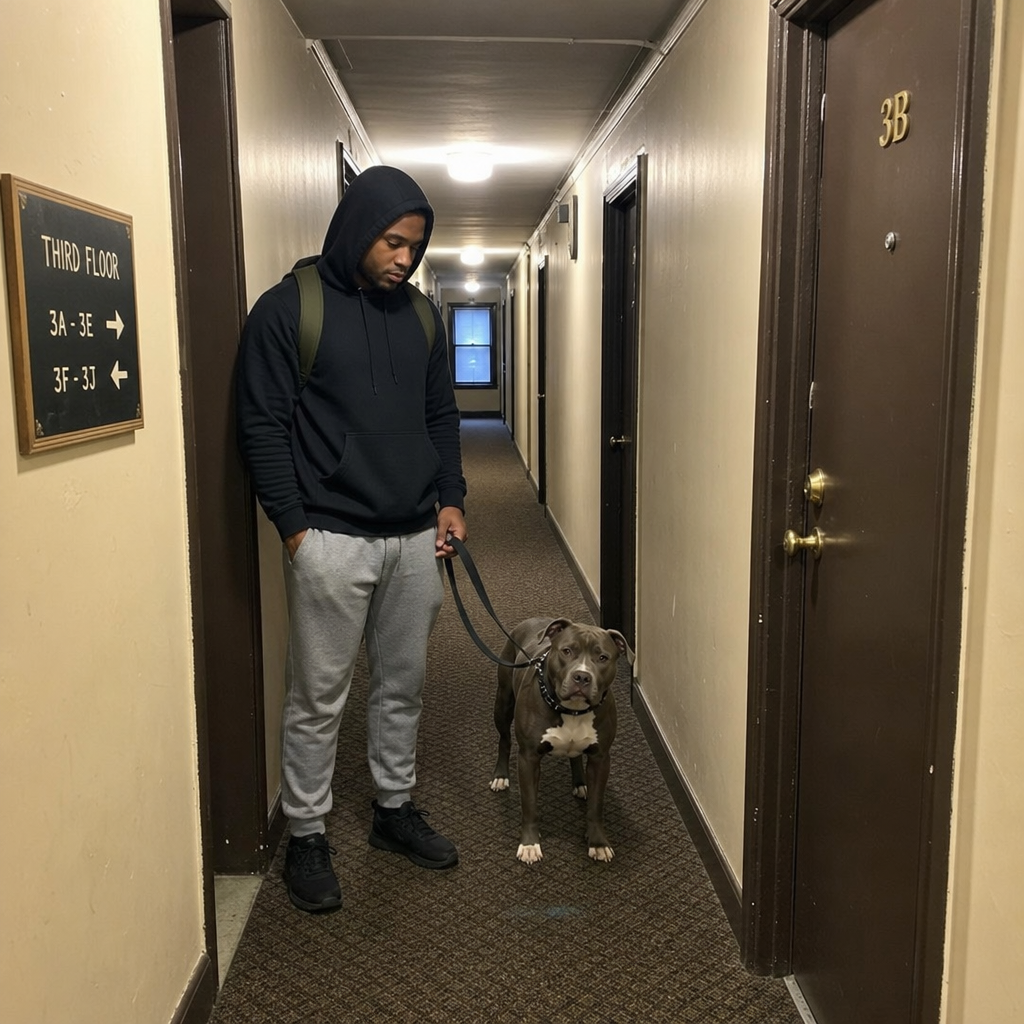 Man standing with a leashed dog in an apartment building hallway, illustrating renters insurance considerations and dog bite liability for Cleveland, Ohio, residents.