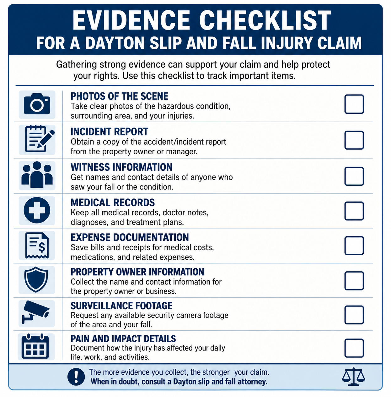 Evidence checklist for a Dayton slip and fall injury claim, outlining essential documentation, including scene photos, incident reports, witness information, medical records, expenses, surveillance footage, and injury impact details.