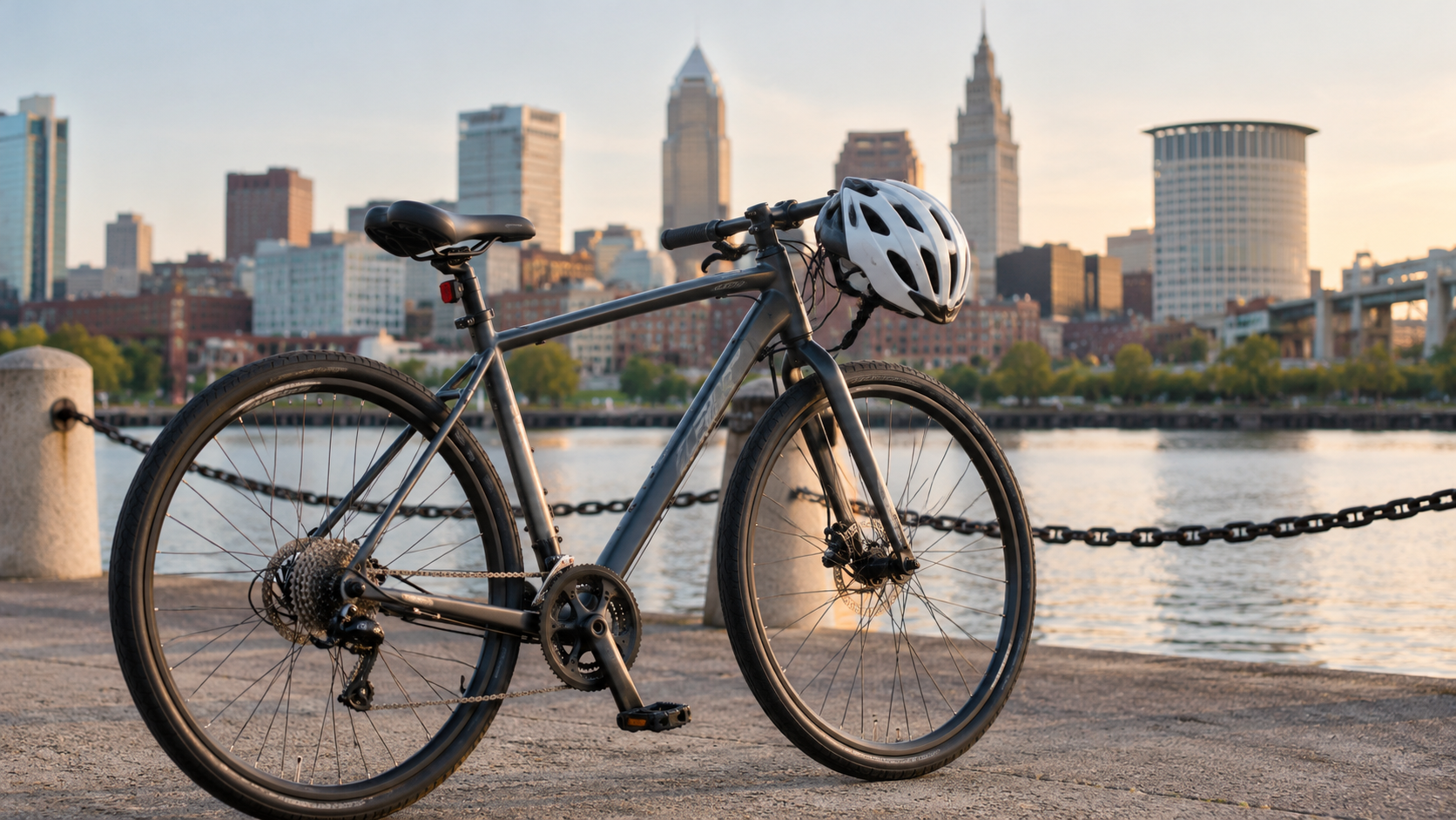 Bicycle with a protective helmet parked along a waterfront walkway, with the downtown Cleveland, Ohio, skyline in the background, highlighting bicycle safety awareness.