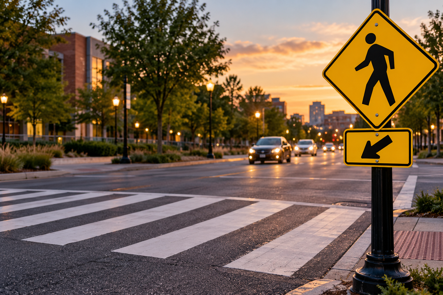 Marked pedestrian crosswalk with a yellow pedestrian crossing sign and approaching vehicles at dusk, highlighting pedestrian safety and driver awareness near Ohio intersections.