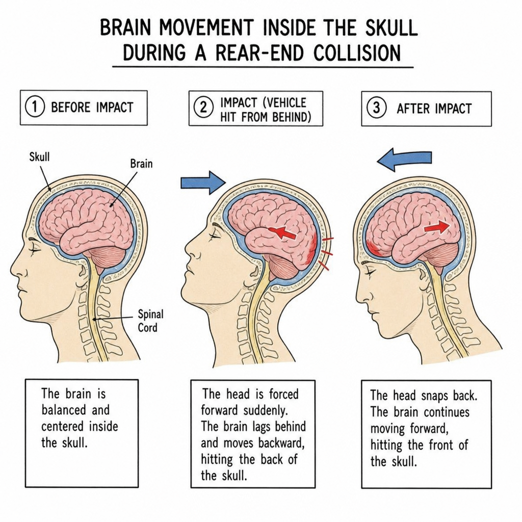 Medical illustration showing brain movement inside the skull during a rear-end car accident, explaining how sudden impact can cause a concussion or traumatic brain injury (TBI).