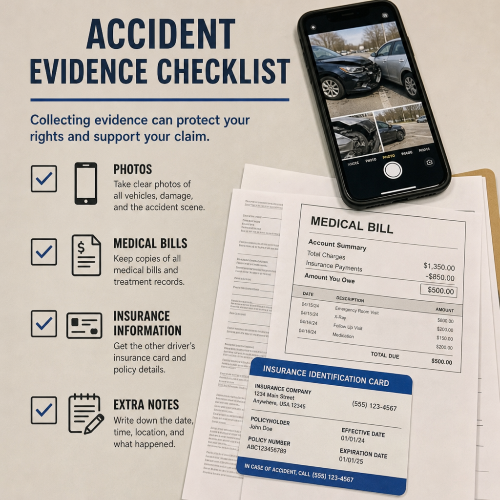 Car accident evidence checklist for Dayton, Ohio, drivers showing accident scene photos, medical bills, insurance information, and written notes to help document an uninsured motorist claim.
