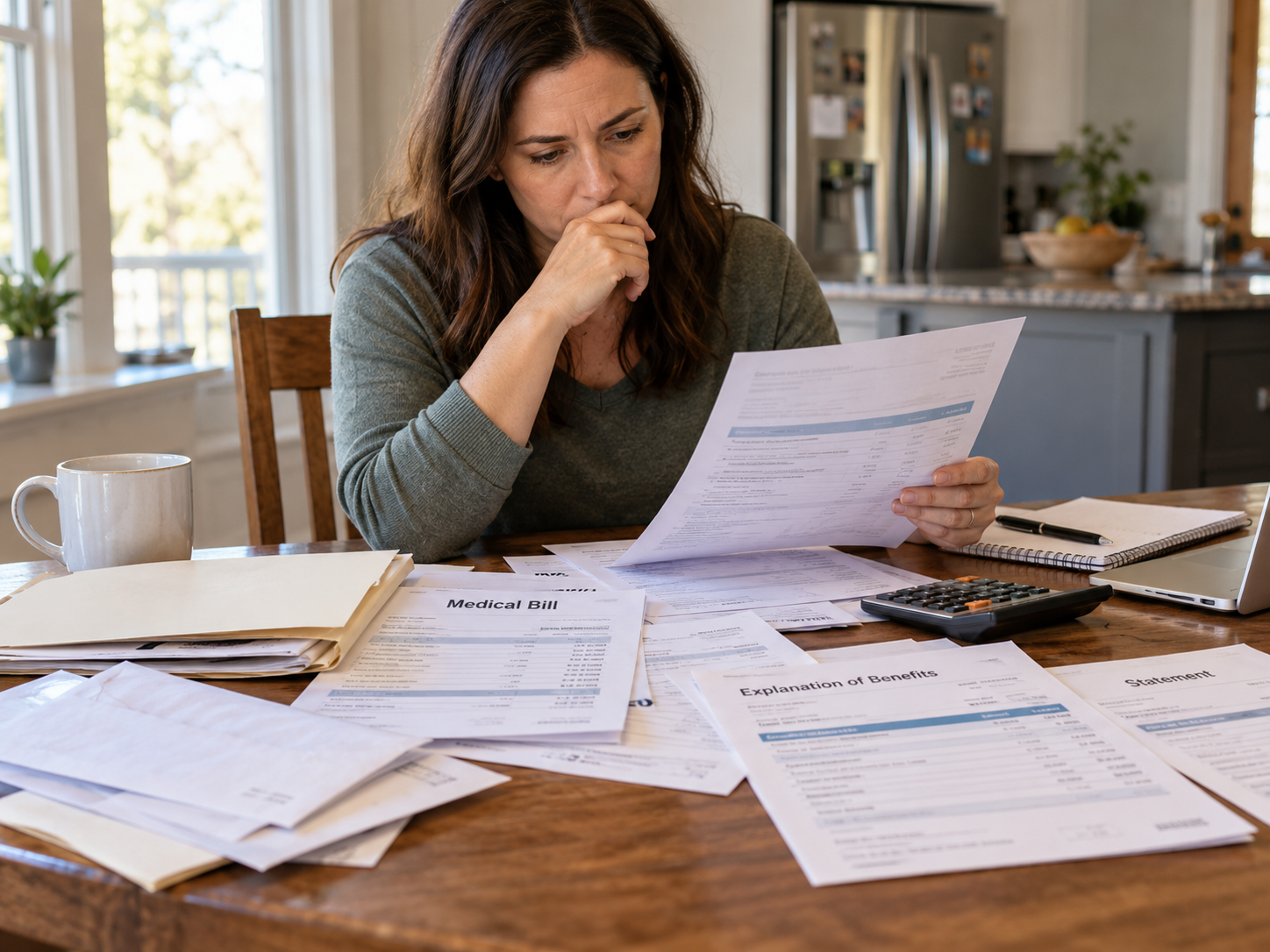 Woman reviewing medical bills, insurance statements, and treatment expenses at home while managing the financial impact of a car accident in Ohio.