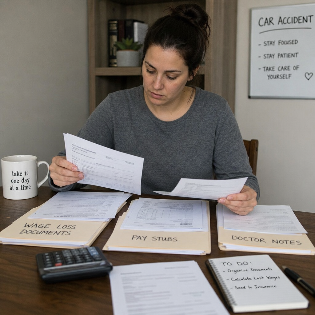 Woman reviewing pay stubs, doctor’s notes, and wage loss documents after a Columbus car accident to organize proof of lost income.