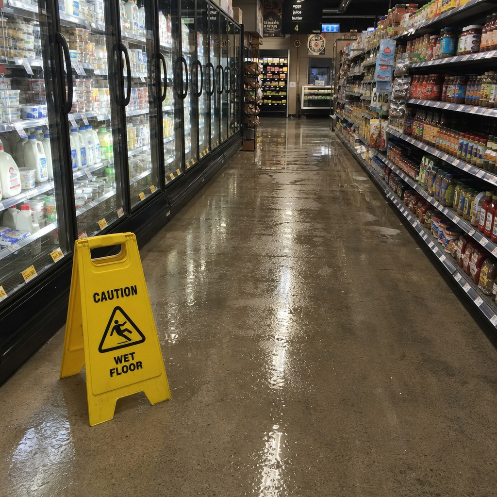 Wet grocery store aisle with a yellow caution sign warning shoppers of slippery floor conditions, illustrating a potential Toledo slip and fall accident.
