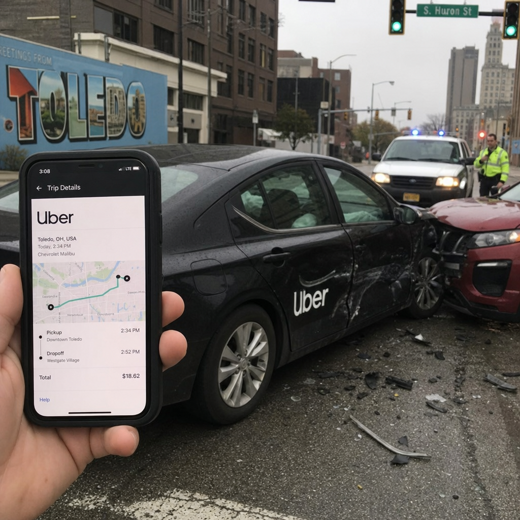 Uber rideshare vehicle involved in a car accident in downtown Toledo, Ohio, as police respond and a passenger displays Uber trip details on a smartphone.