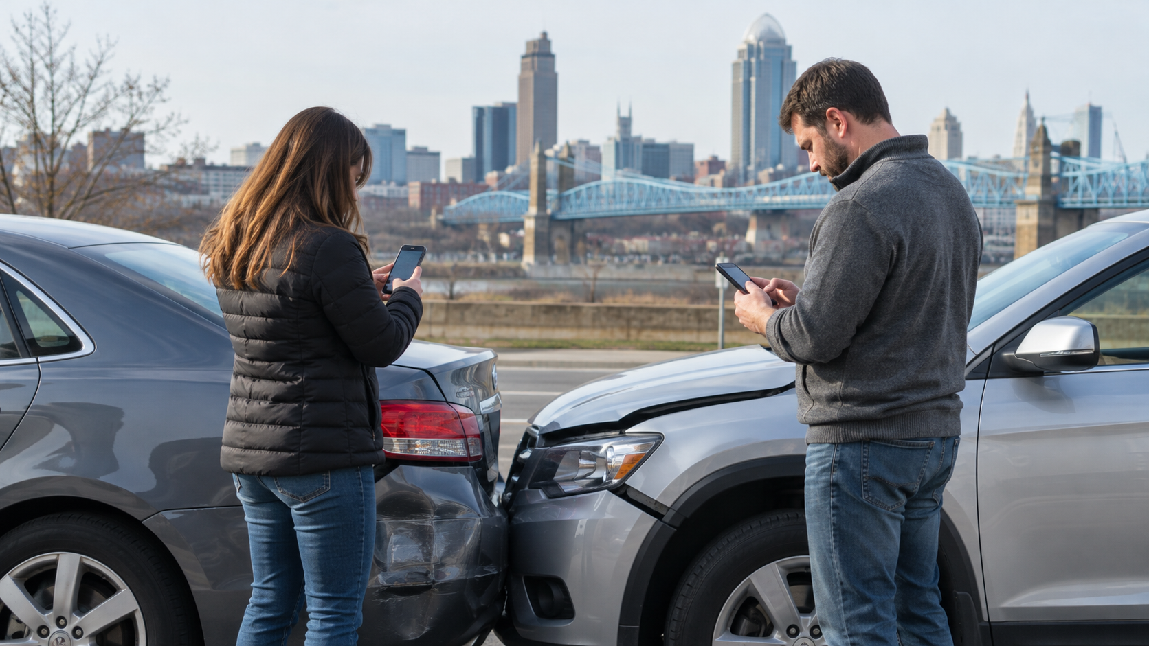 Two drivers document vehicle damage after a minor rear-end car accident in Cincinnati, Ohio, with the downtown skyline and bridge in the background.