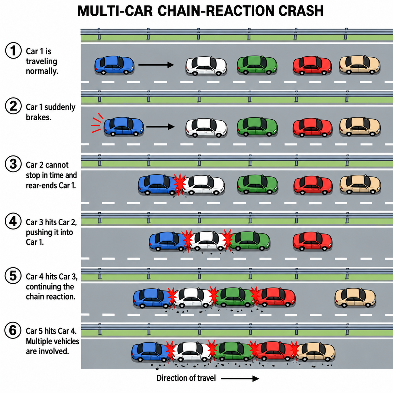 Diagram illustrating a five-car chain-reaction accident in six stages, showing sudden braking, successive rear-end collisions, and multiple vehicles involved.