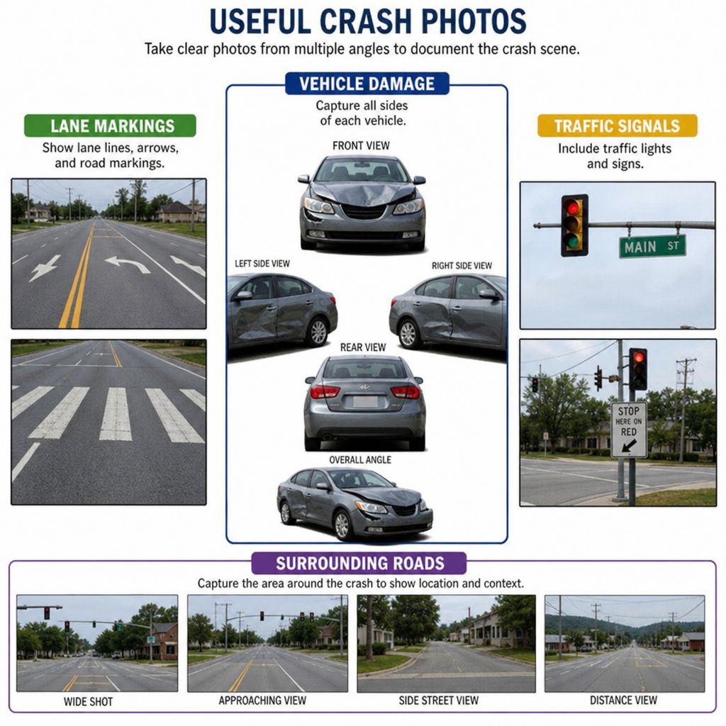 Infographic showing useful car accident photos for Ohio injury claims, including vehicle damage, lane markings, traffic signals, intersections, and surrounding roads to help document crash scene evidence.