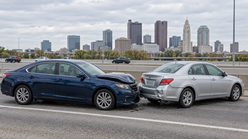 Two damaged cars, one blue and one silver, after a rear-end collision on a highway with the Columbus, OH, skyline in the background.