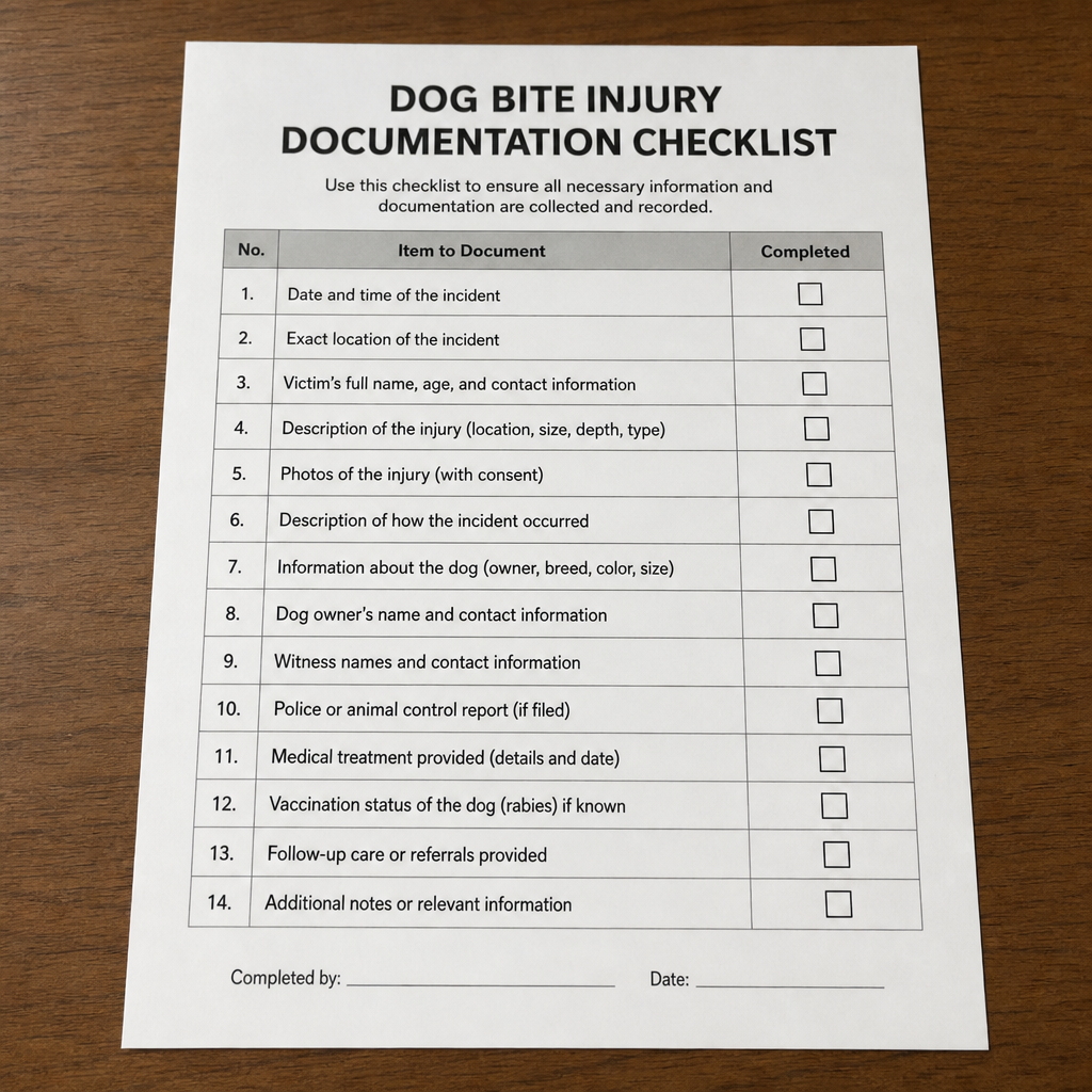 Columbus dog bite injury documentation checklist for recording incident details, injuries, witness information, medical treatment, dog owner information, and reports.