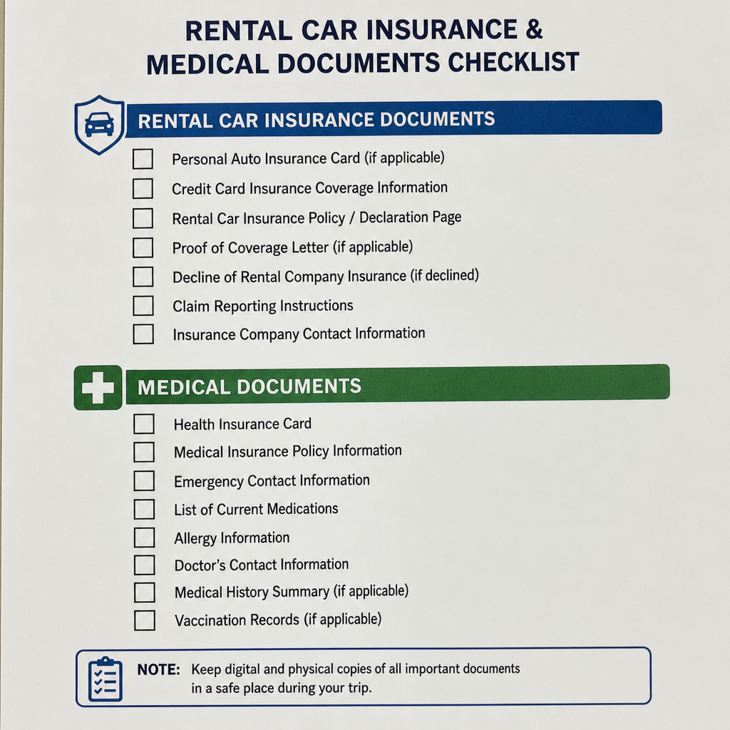 Rental car insurance and medical documents checklist showing insurance cards, coverage information, medical records, medications, and emergency contact details to keep after a rental car accident.