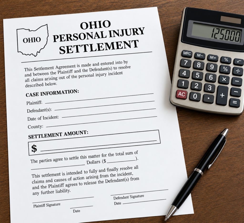 Ohio personal injury settlement agreement on a wooden desk beside a calculator displaying $125,000 and a pen, illustrating injury settlement compensation in Ohio.
