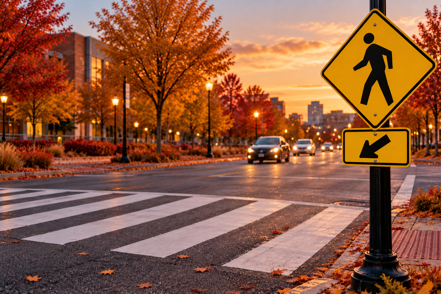 Autumn pedestrian crosswalk at sunset with yellow crossing signs, fall foliage, and approaching vehicles with headlights on, highlighting pedestrian safety during earlier evening darkness.