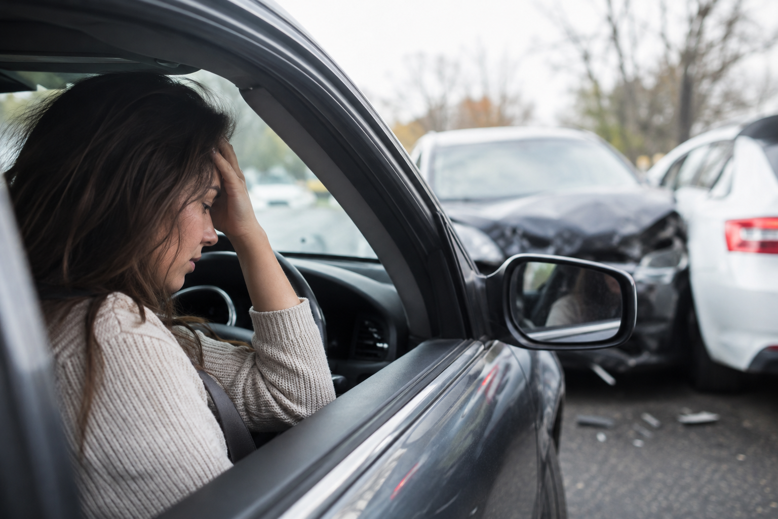 Distressed woman sitting in her car after a collision in Columbus, Ohio, experiencing emotional distress as damaged vehicles remain nearby.