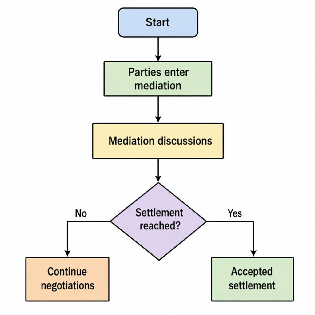 Flowchart illustrating Ohio personal injury mediation, from initial discussions to continued negotiations or an accepted settlement agreement.