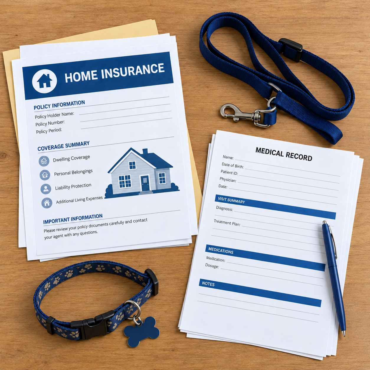Homeowners insurance policy and medical records alongside a dog leash and collar, illustrating dog bite injury claims and insurance coverage in Cincinnati, Ohio.