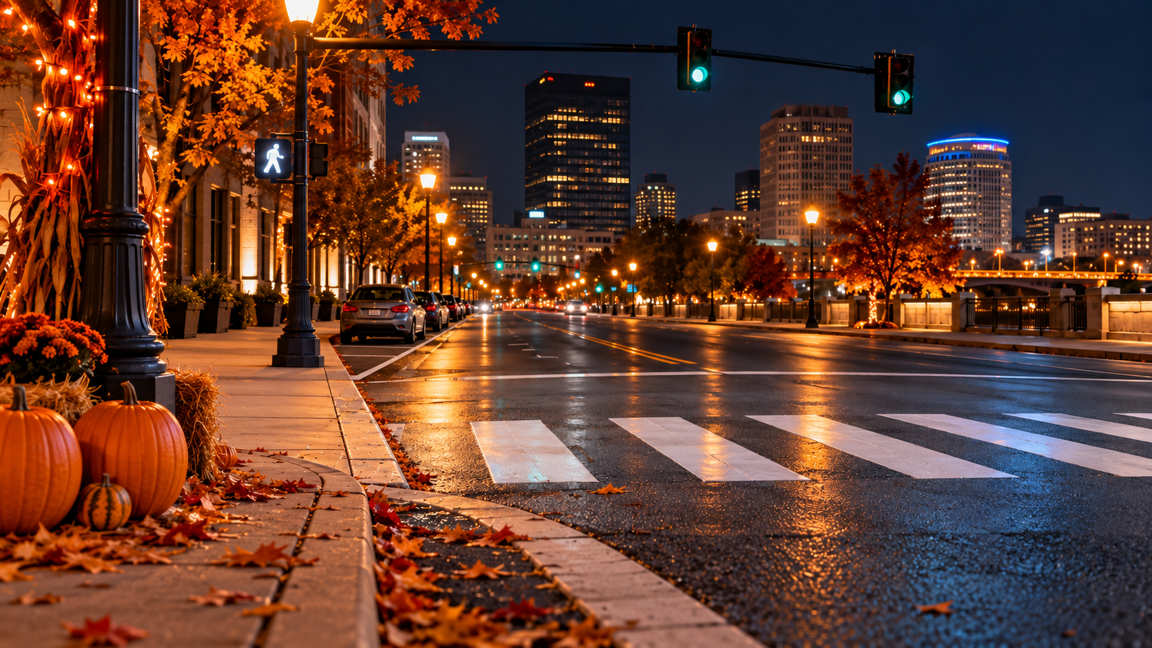 Illustration of a downtown Dayton, Ohio, street at night during Halloween weekend, featuring parked cars, illuminated crosswalks, traffic signals, and autumn decorations highlighting pedestrian safety and impaired driving awareness.